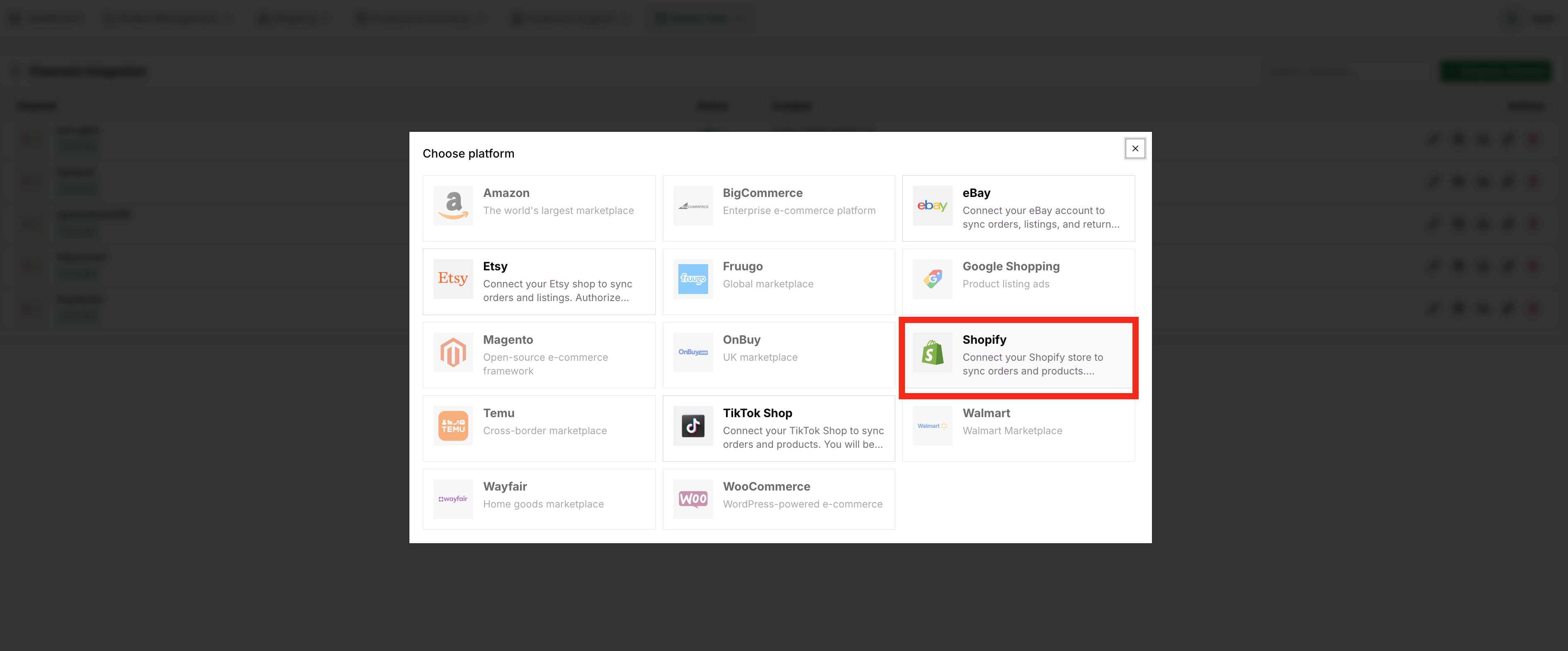 Illustration: Sales Channels page with Connect on Shopify